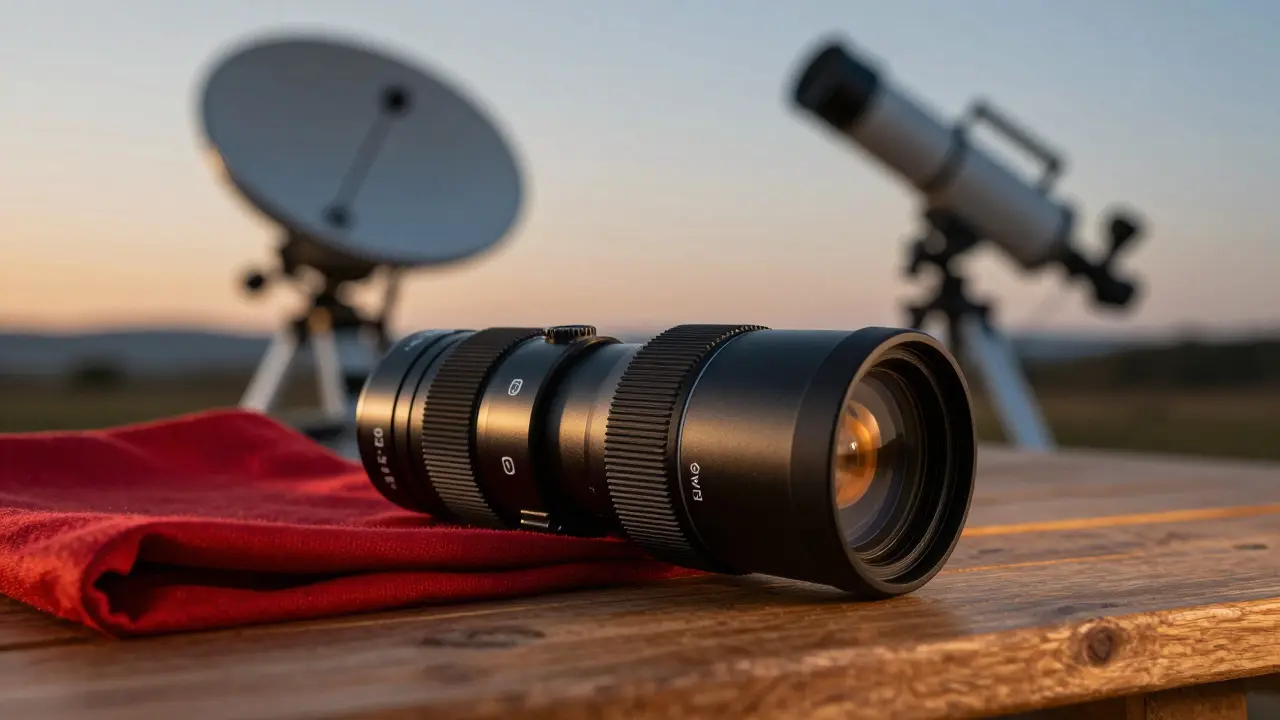 A premium fixed eyepiece resting on a table near a telescope under twilight light