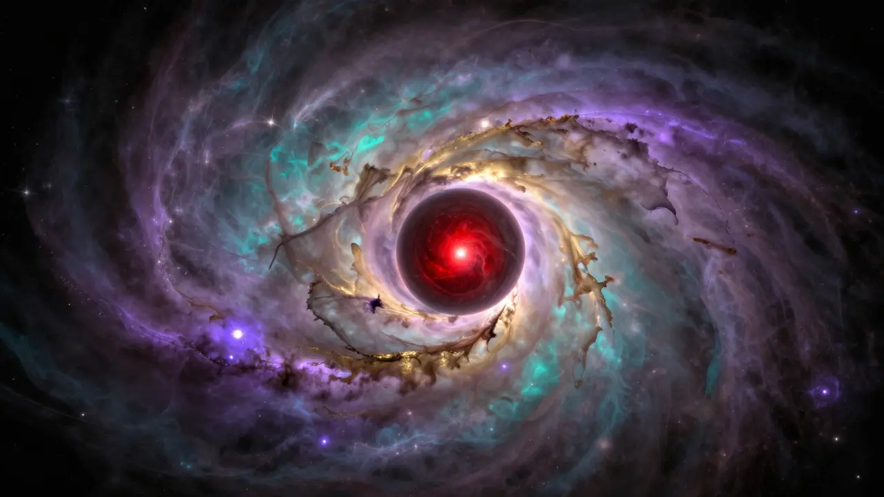 A red star surrounded by colorful shells of ejected dust and gas forming a nebula