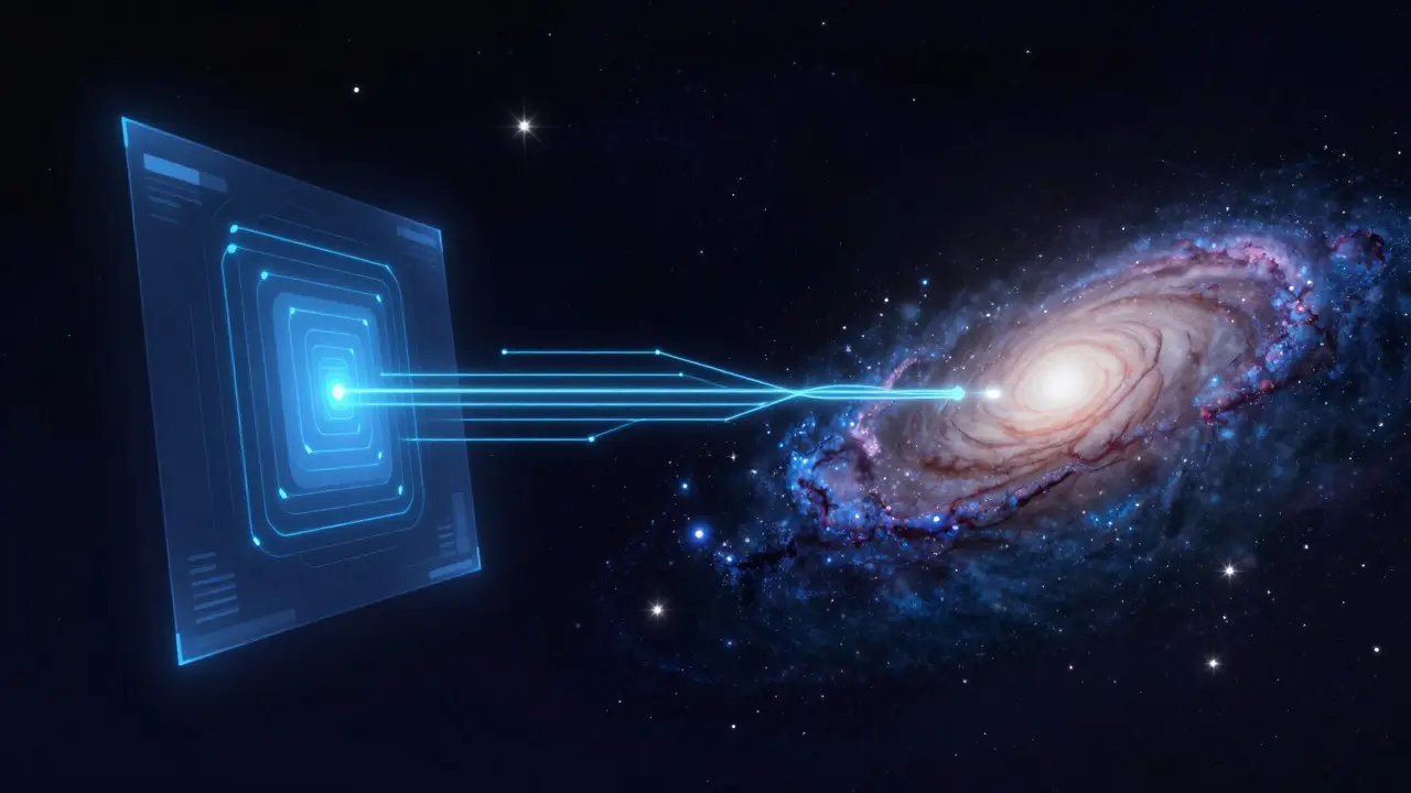 Abstract digital art blending computer interface elements with a realistic view of galaxies and stars