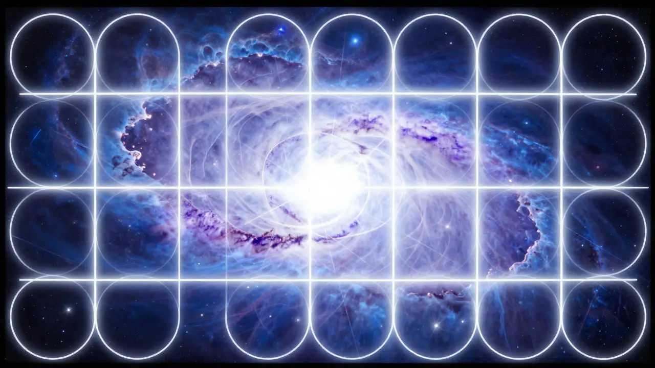 Abstract grid of overlapping circles covering a glowing nebula pattern
