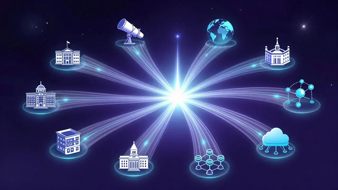 Abstract illustration of light beams connecting telescope data to global public archives