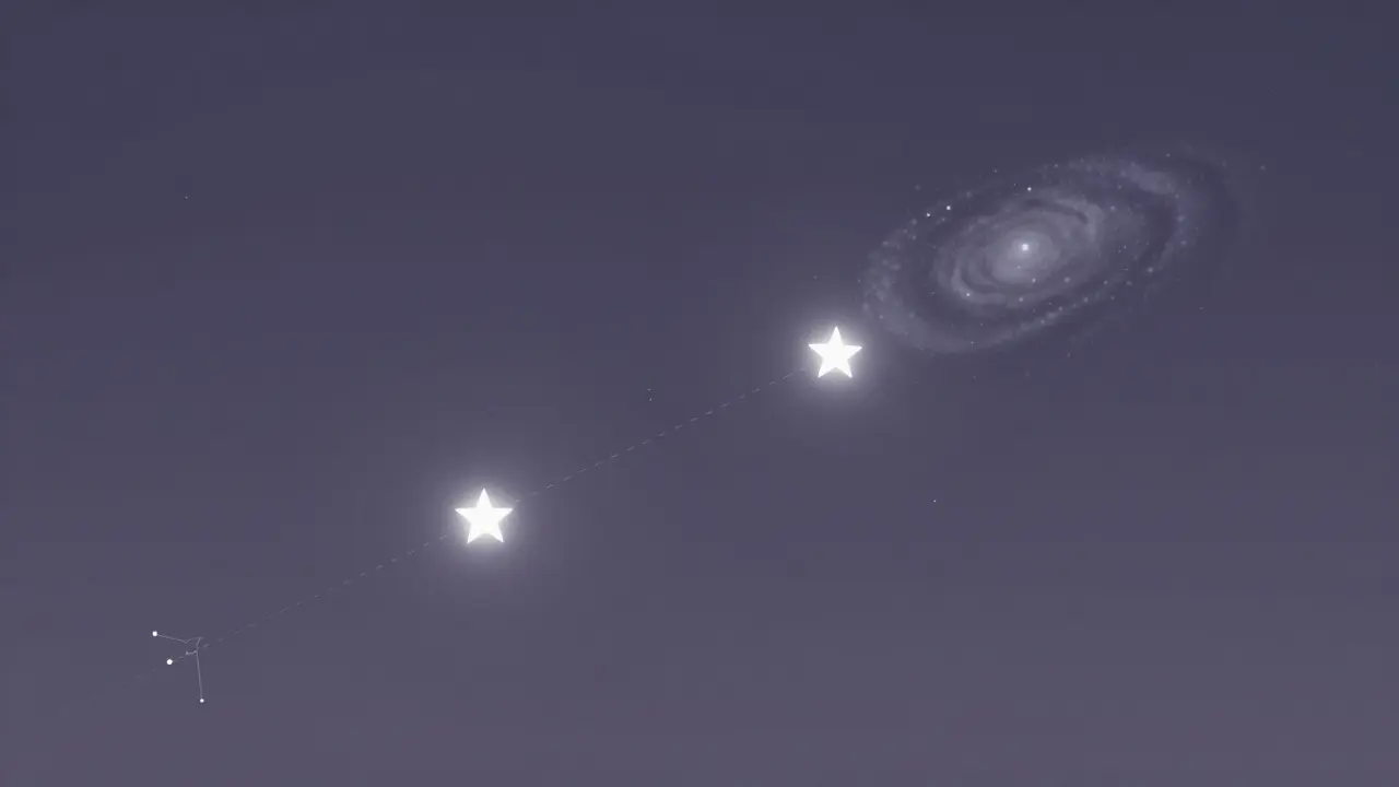Abstract illustration showing bright anchor stars guiding navigation to a faint galaxy
