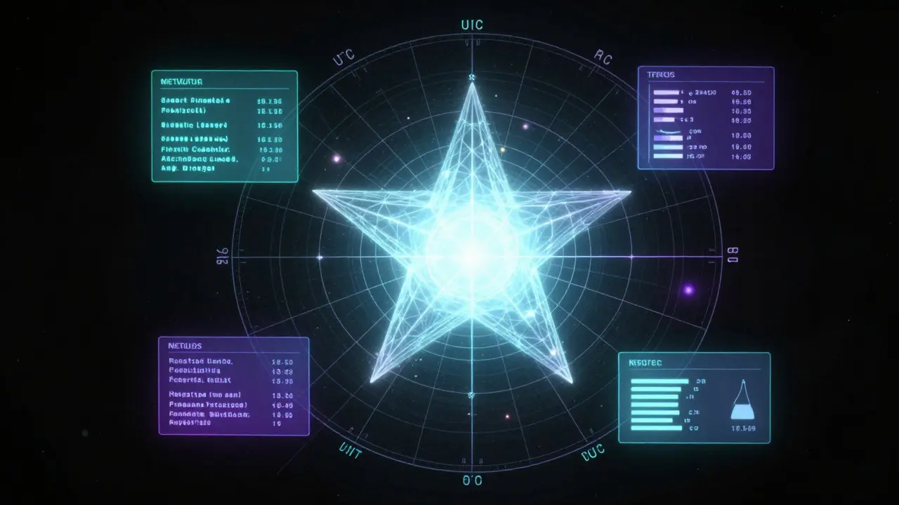 Abstract visualization of astronomical data points, coordinates, and calibration metrics