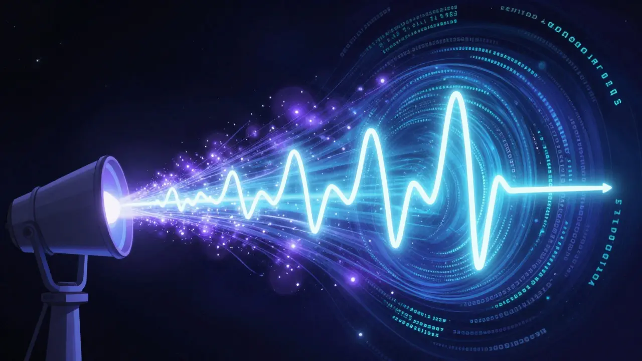 Abstract visualization of light transforming into a sine wave representing stellar data
