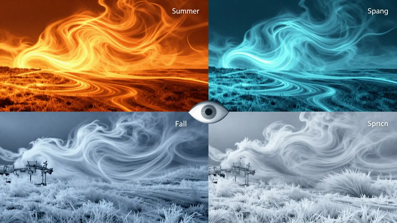 Abstract visualization of seasonal wind and humidity effects on astronomical seeing