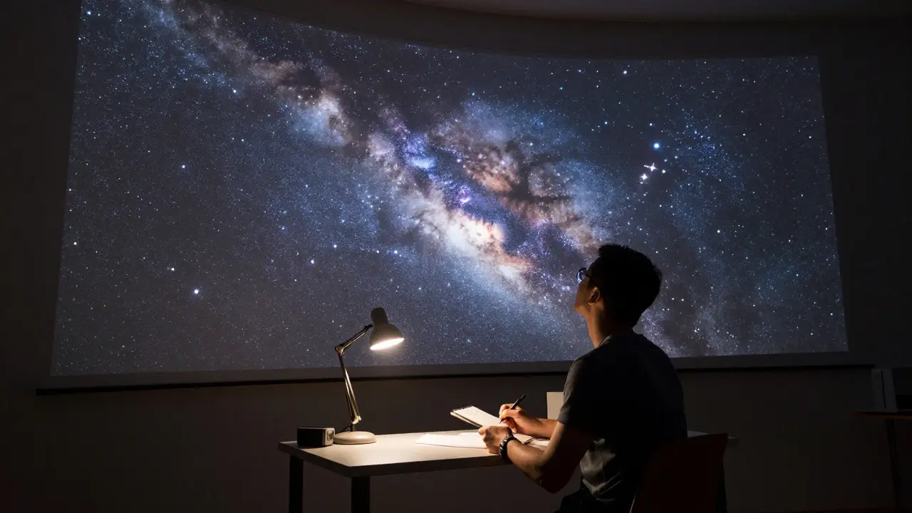 Amateur astronomer planning observations in front of a large wall projection of the night sky