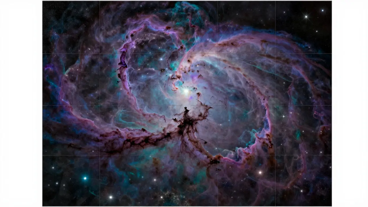 An abstract representation of an astrophotography mosaic showing overlapping frames of a nebula
