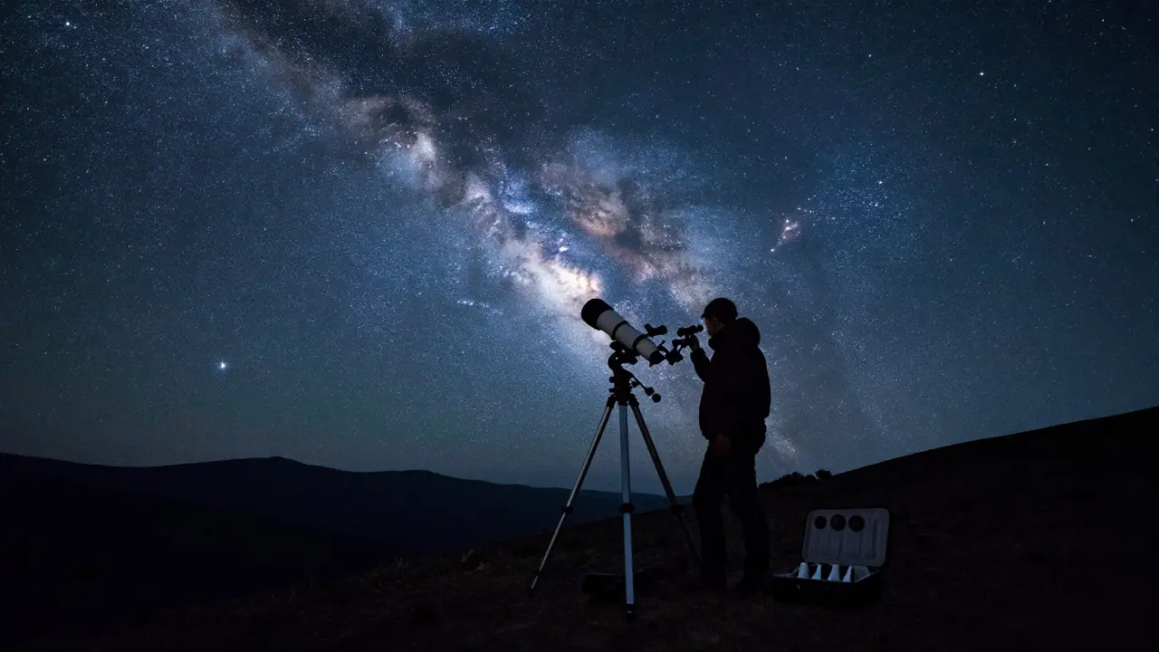 An astronomer with a telescope under the Milky Way, showing various eyepiece options