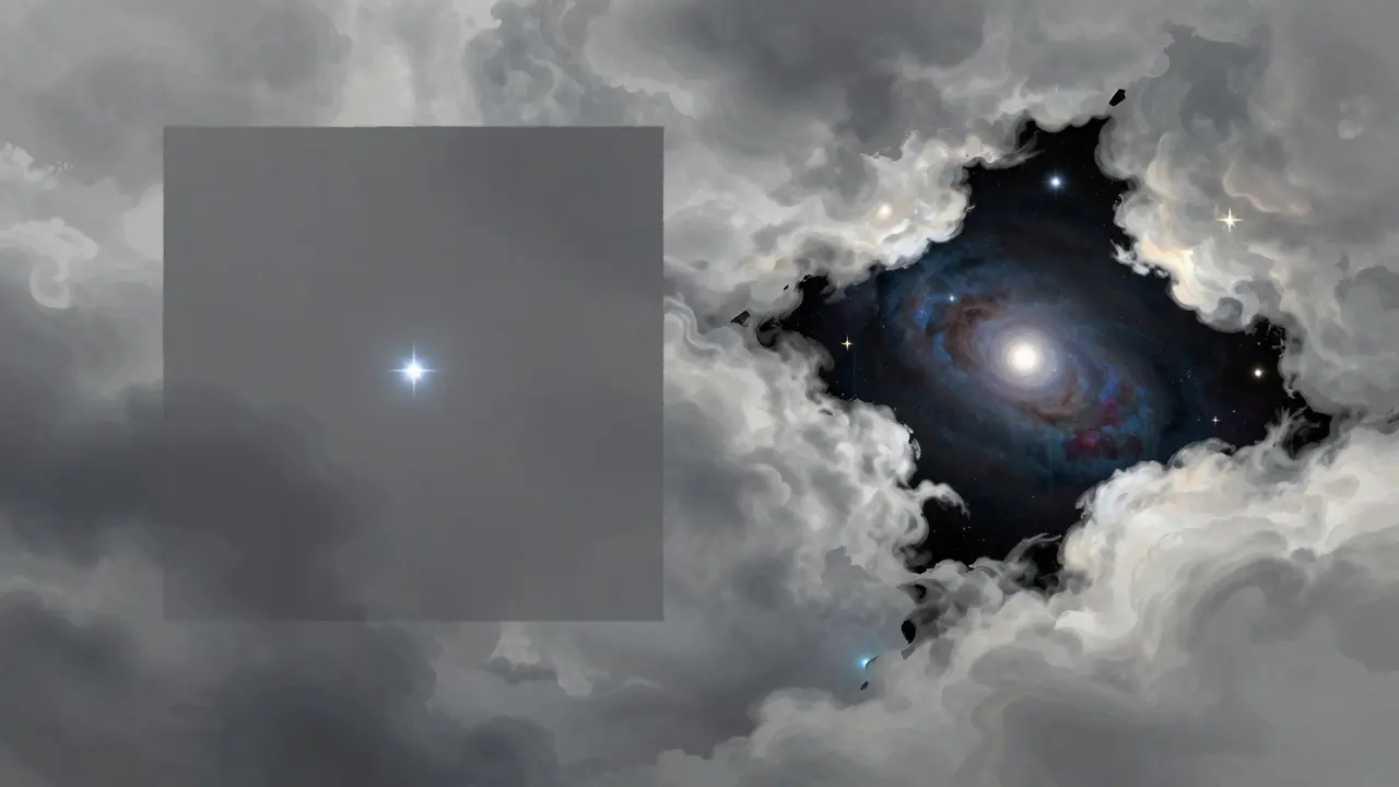 Artistic depiction of stars visible through moving clouds