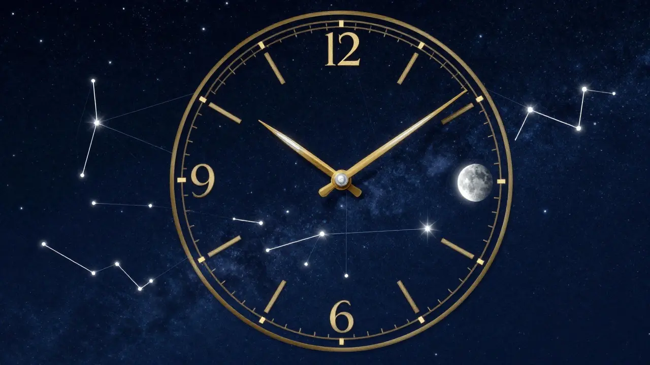 Artistic illustration of a clock aligned with moon phases and stars representing correct time settings