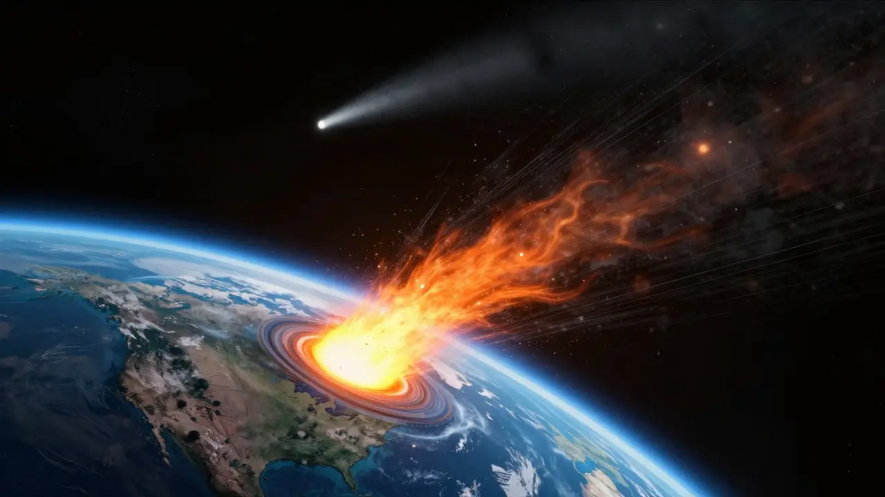 Artistic illustration of Earth passing through a comet's dust trail causing meteors