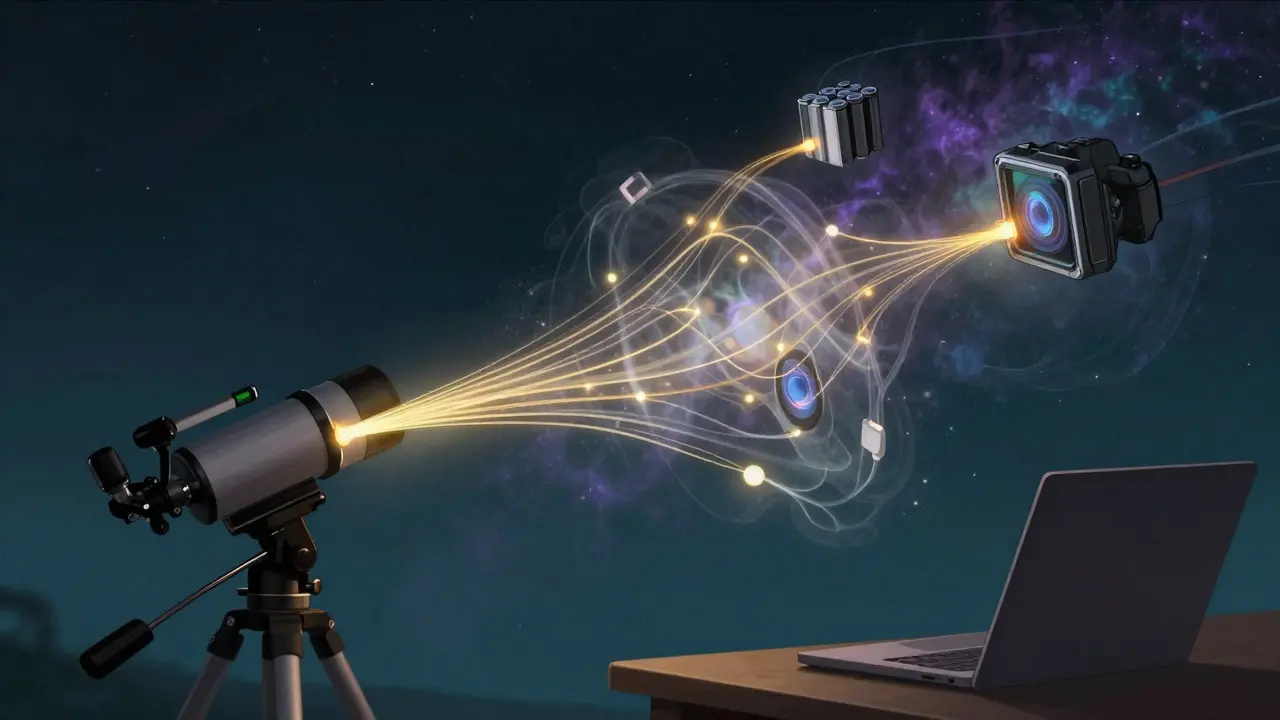 Artistic visualization of energy flow from a battery to telescope and camera components