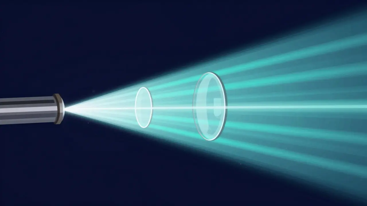 Artistic visualization of light rays passing through a Barlow lens inside a telescope