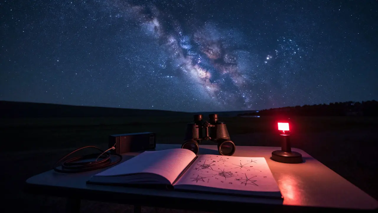 Astronomer's table with equipment and logbook under a dense summer Milky Way sky