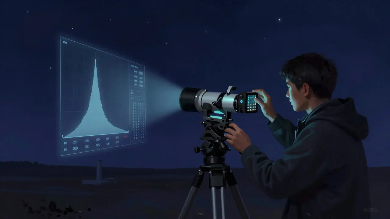 Astronomer adjusting camera settings under stars with abstract data visualization overlays