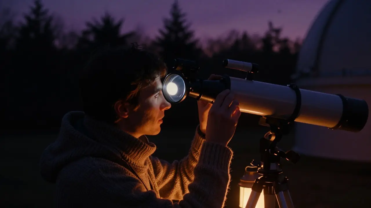 Astronomer installing a cylindrical correction filter on a telescope
