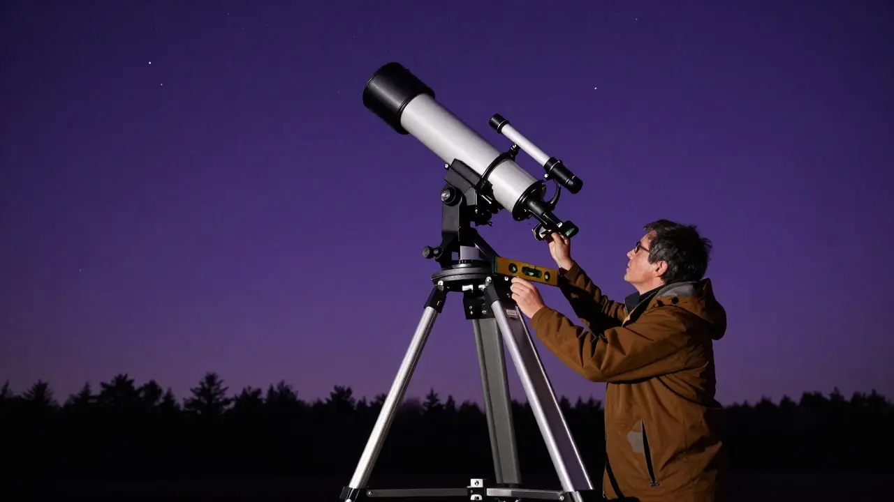 Astronomer leveling a new pier extension under the night sky