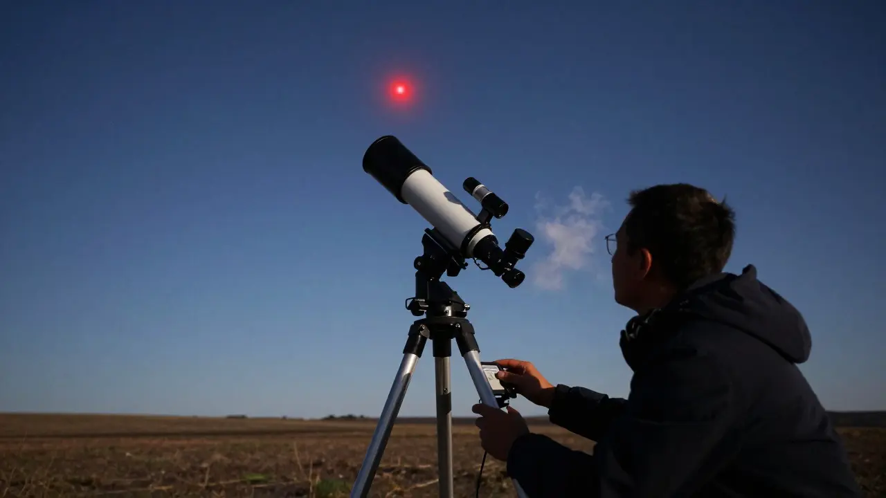 Astronomer observing a bright red star through a telescope at night