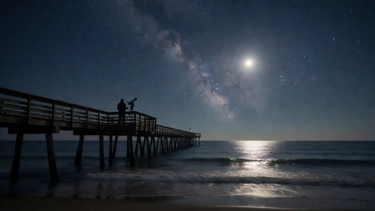 Astronomer observing sharp Jupiter from a calm coastal pier at 3 AM under a clear night sky.