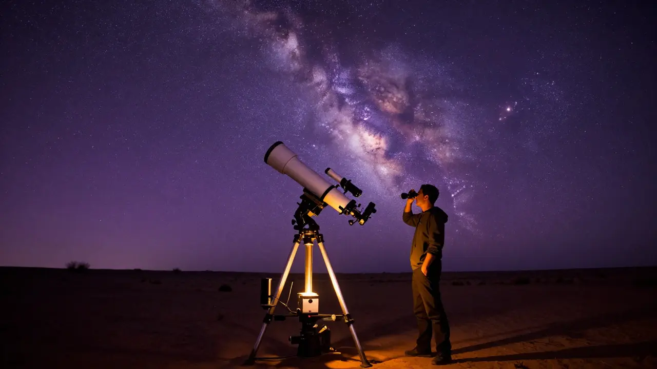 Astronomer observing through a telescope under a starry twilight sky