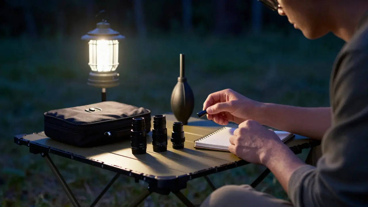 Astronomer organizing three eyepieces and a notebook at a table under night sky