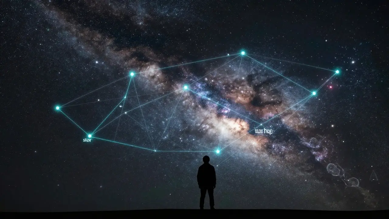 Astronomer under the night sky with holographic star hop routes overlaid