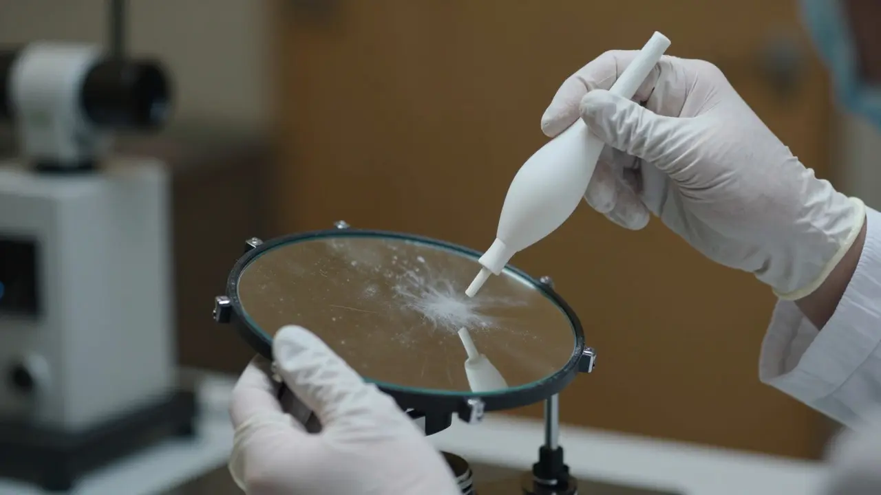 Astronomer using a rubber bulb blower to clean a secondary mirror while wearing gloves
