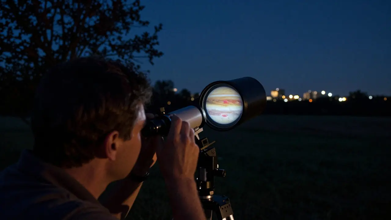 Astronomer viewing detailed clouds of Jupiter through a telescope eyepiece