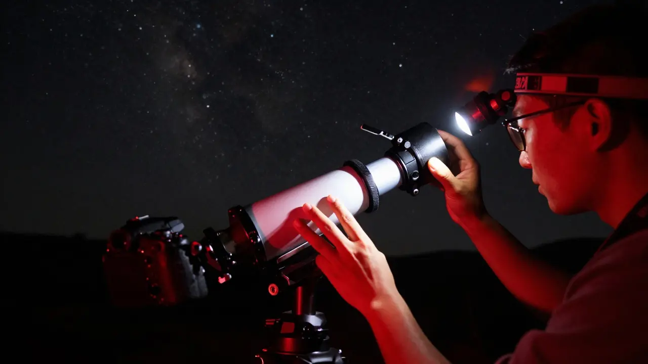 Astrophotographer adjusting a Barlow lens on a telescope at night