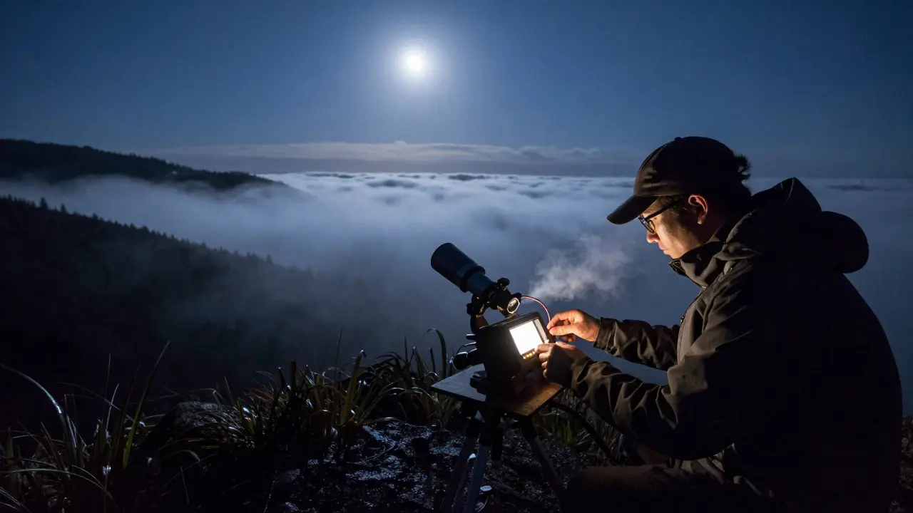 Astrophotographer adjusting a dew controller near rolling night fog