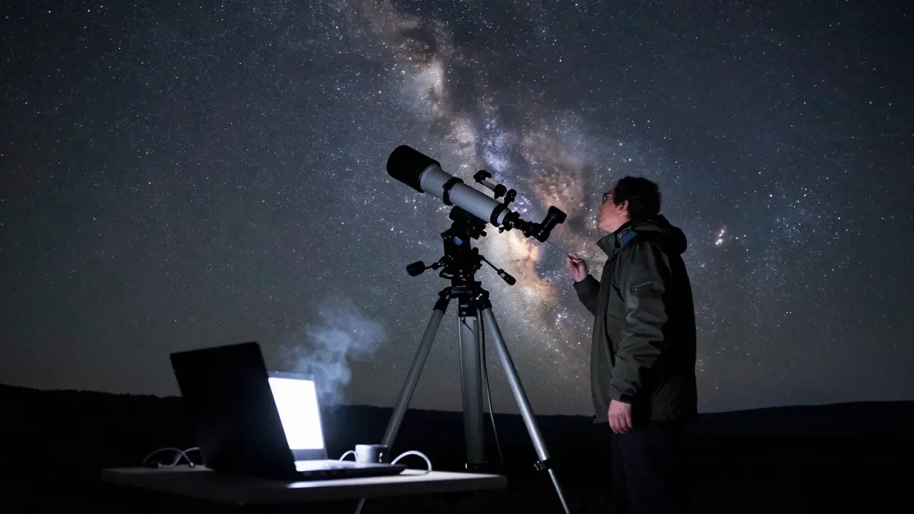 Astrophotographer operating a telescope mount under a starry night sky.