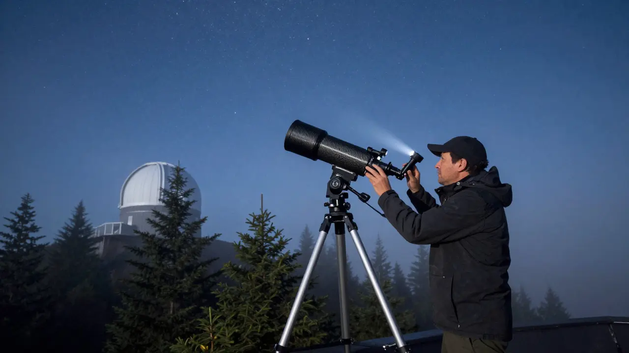 Astrophotographer using a stable carbon fiber telescope under a clear, starry night sky