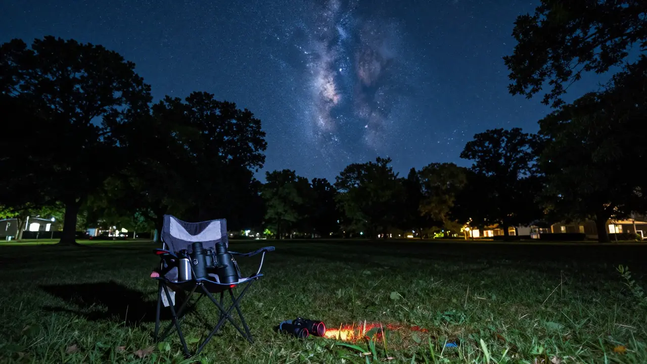 Binoculars and gear in a dark park with the Milky Way visible above