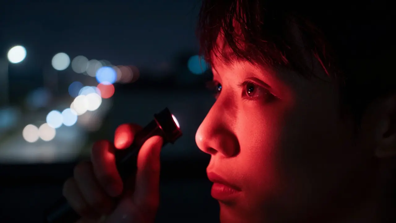 Close-up of a dilated eye illuminated by red light against blurred city lights