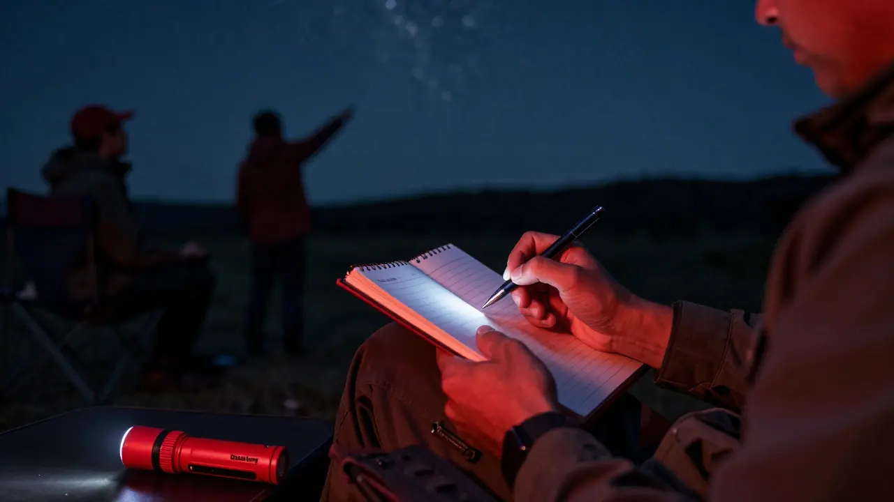 Close-up of a hand writing meteor data in a notebook under red light