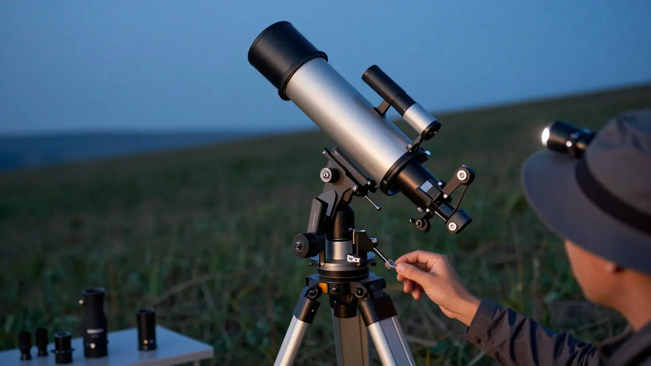 Close-up of a stable telescope mount and tripod on a hillside