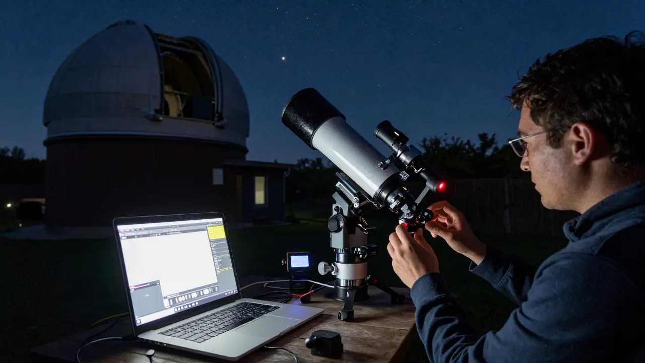 Close-up of a telescope and camera setup for precise astronomical photometry