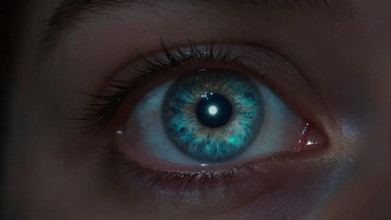Close-up of an eye reflecting a glowing ring nebula