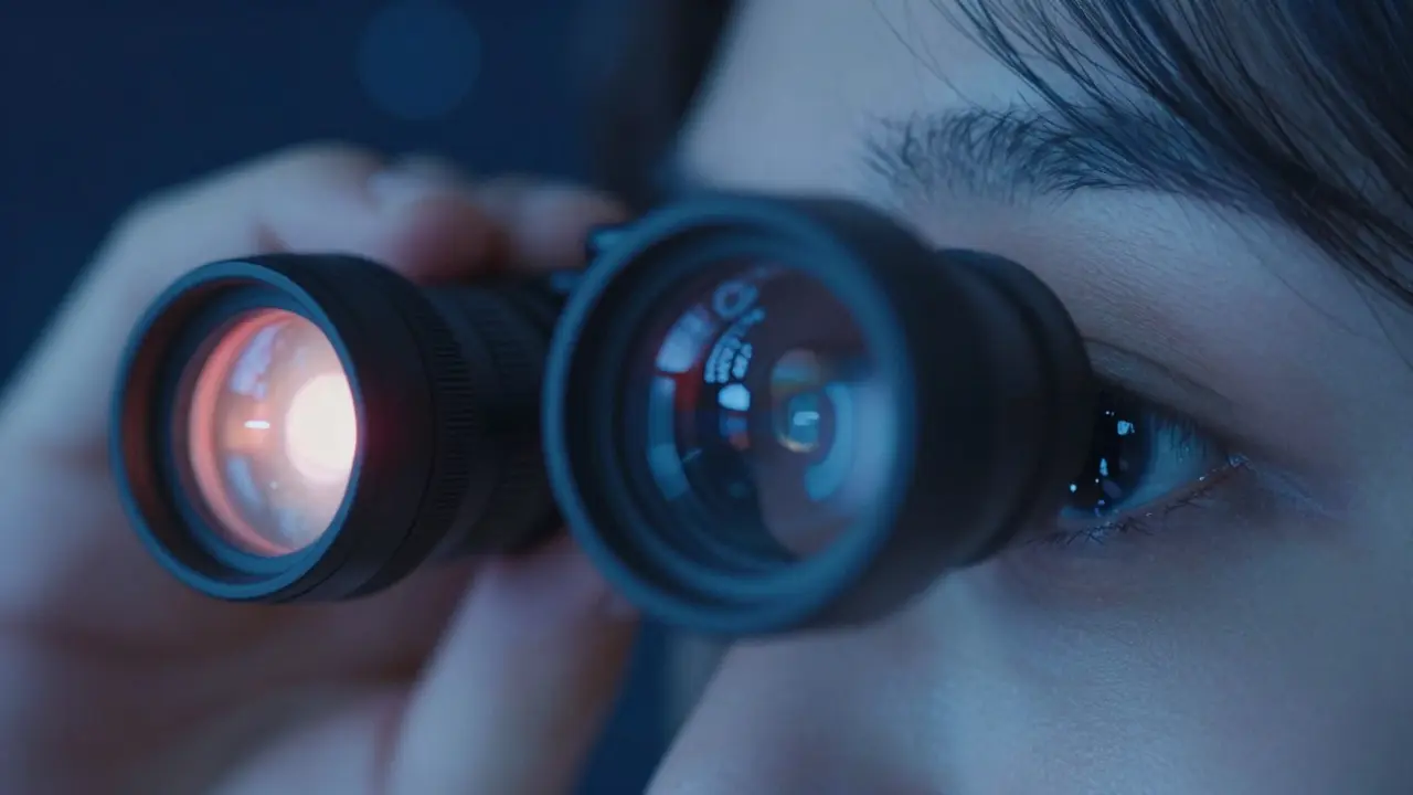 Close-up of an eye using averted vision through a telescope eyepiece in low light