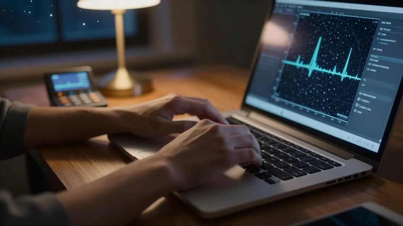 Close-up of hands typing on a laptop with a star chart nearby