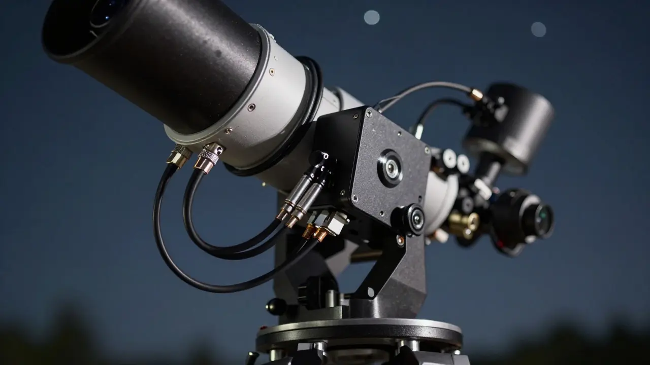 Close-up of telescope automation hardware, cables, and sequencer box against a starry background