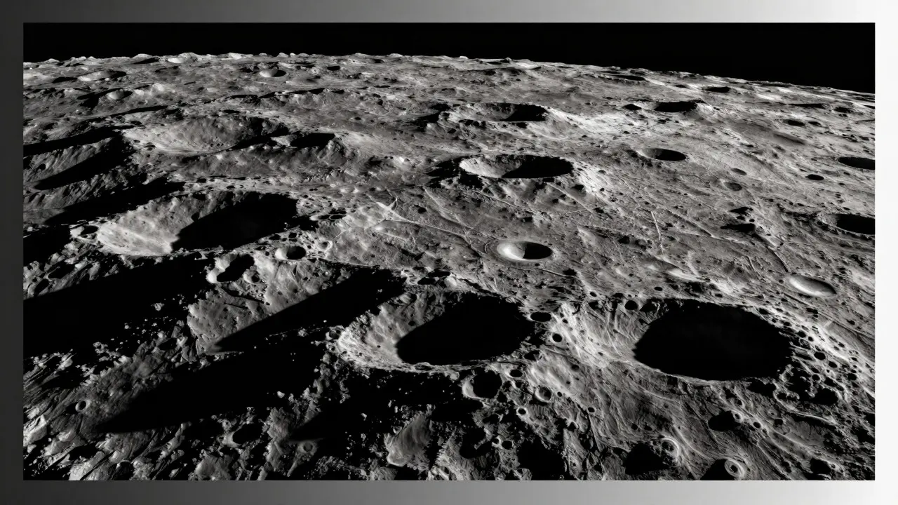 Close-up of the moon's terminator line showing long shadows on mountains