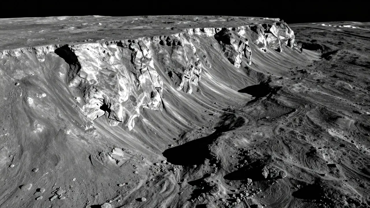 Close-up of the Straight Wall cliff face casting a long shadow on the lunar surface