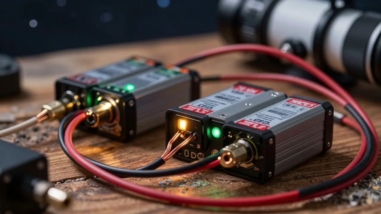 Close-up of thick power cables connected to a lithium battery pack for astronomy gear