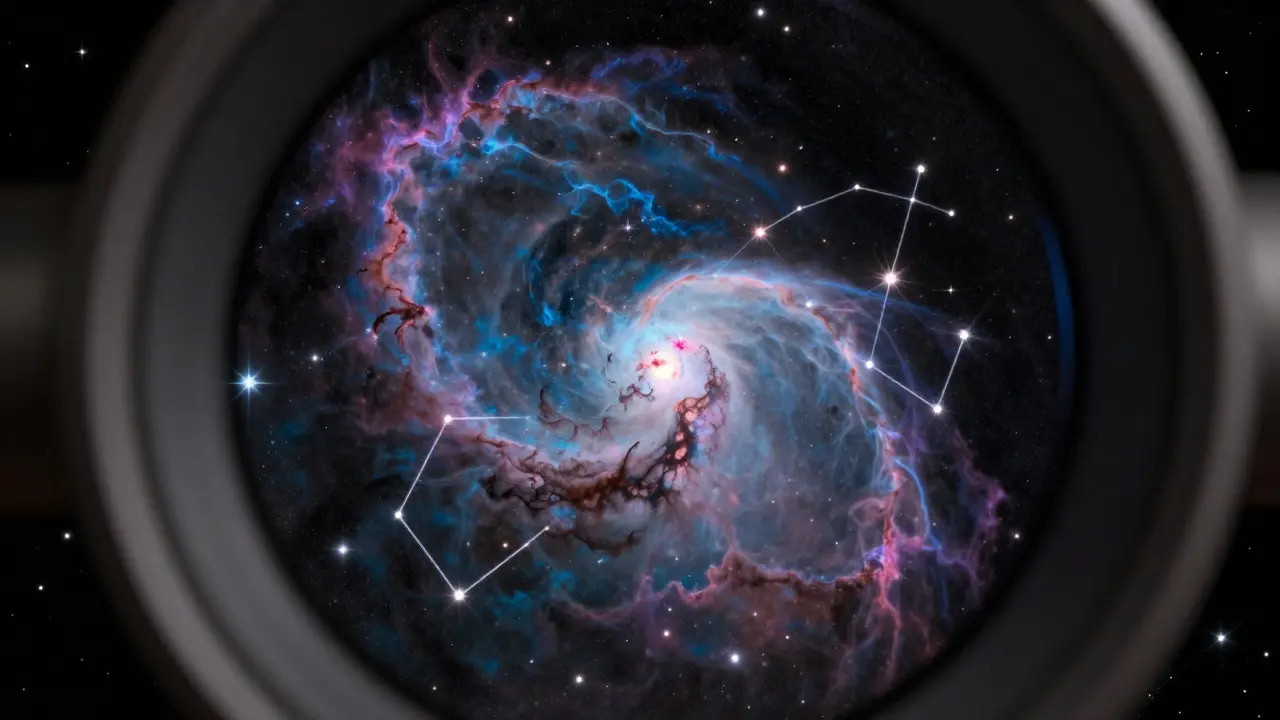 Close-up view of the Veil and North America Nebulae through a telescope