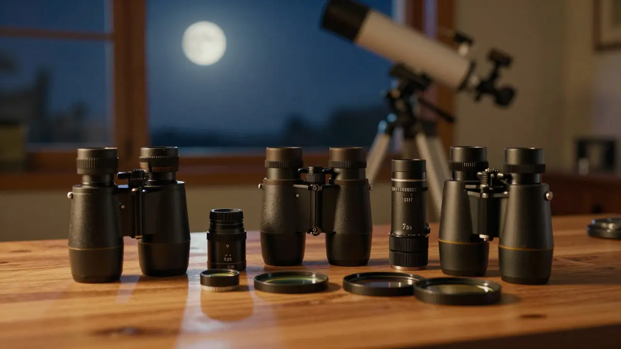 Collection of various telescope eyepieces and accessories arranged on an observing table