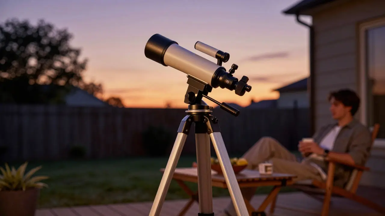 Compact telescope set up on a backyard deck during twilight for easy viewing
