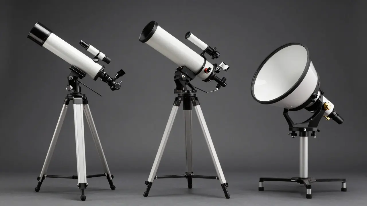 Comparison of refractor, catadioptric, and Dobsonian telescopes showing different sizes