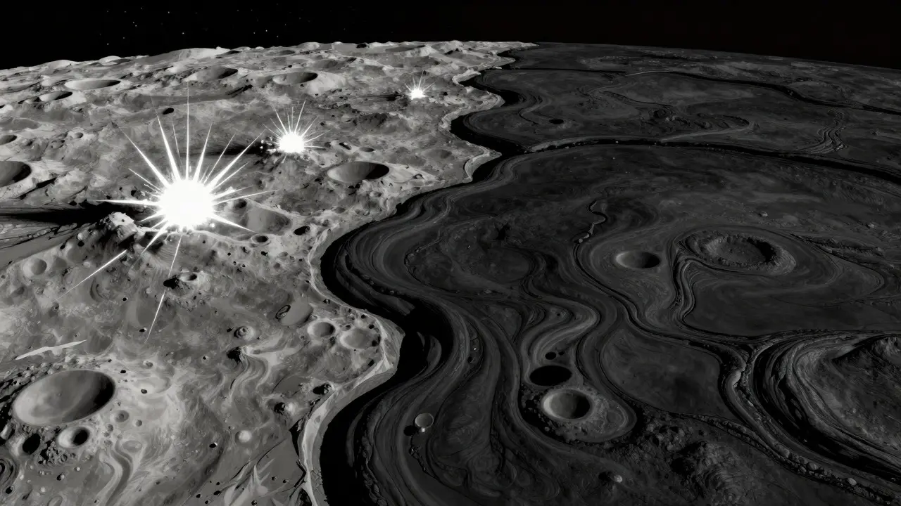 Conceptual art illustrating ancient impacts forming highlands and lava flows creating maria