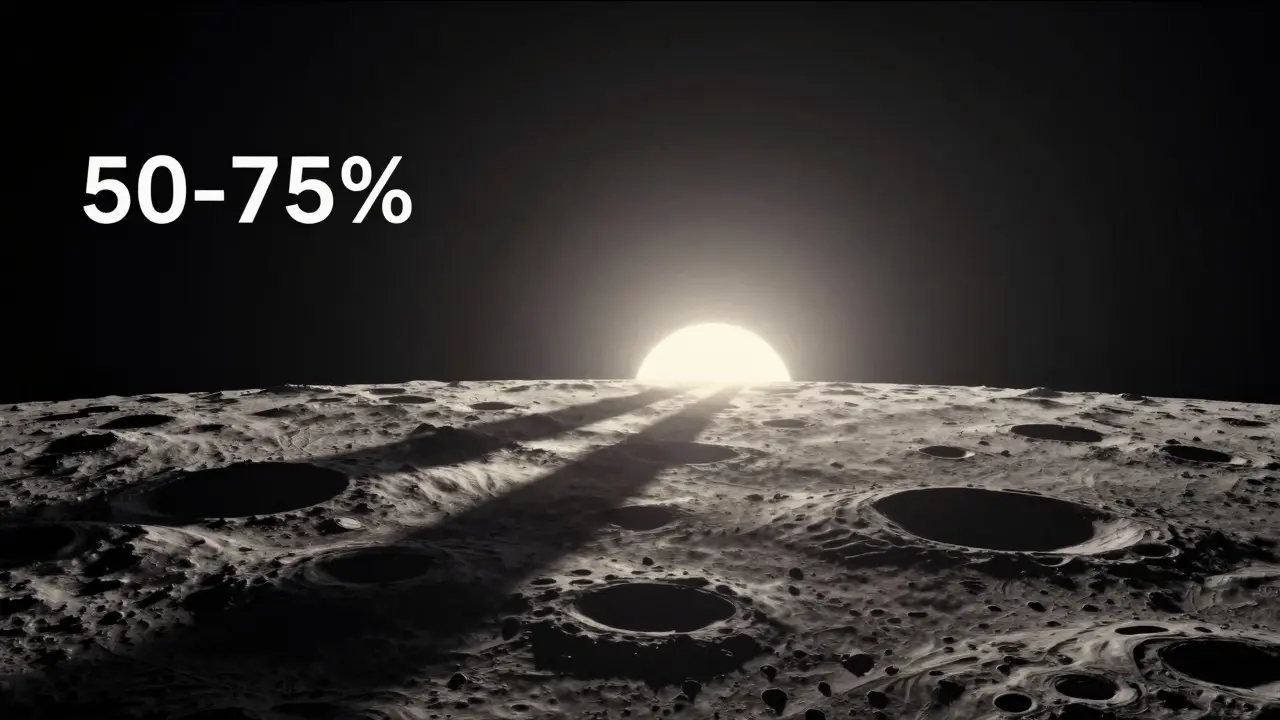 Conceptual illustration of low-angle sunlight creating long shadows on the Moon
